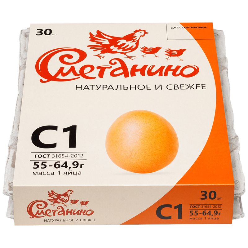 

Яйцо куриное Сметанино, С1 столовые, 30 шт.