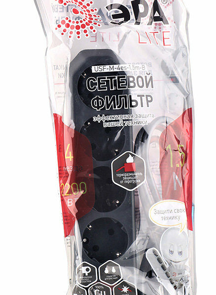 Сетевой фильтр с заземлением Эра черный, 4 гнезда, 1,5 м ТМ Эра