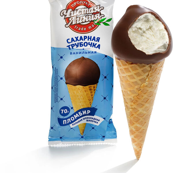 Мороженое Чистая Линия Пломбир Ванильный в шоколадной глазури в сахарном рожке 12%