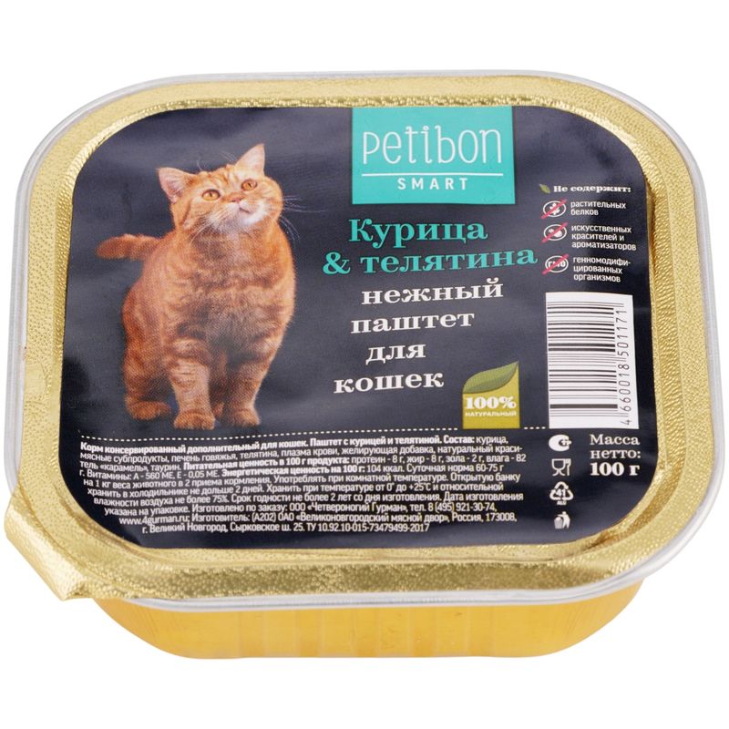 

Корм для кошек Нежный паштет Petibon Smart Курица и телятина