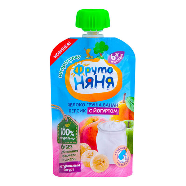 Фруто Няня пюре пауч яблоко груша банан персик йогурт 90г