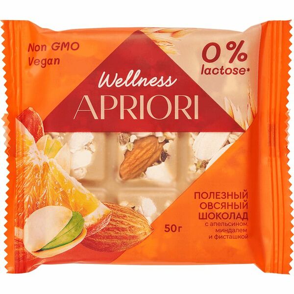 Шоколад Wellness Apriori с апельсином, миндалем и фисташкой, 50г