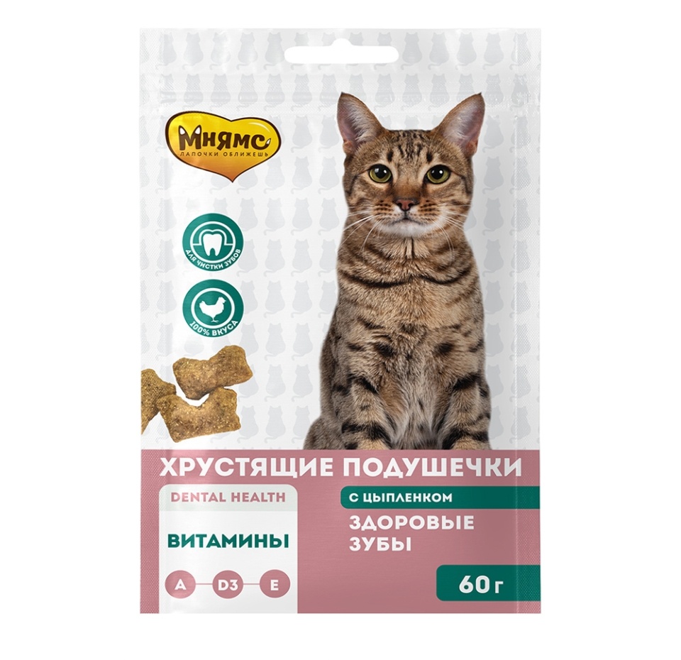 

Хрустящие подушечки Мнямс Здоровые зубы для кошек с цыпленком 60 г