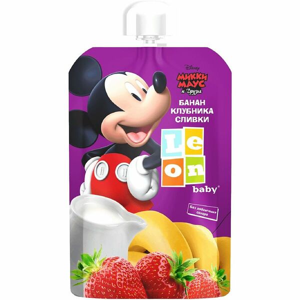 Пюре Leon Baby из банана и клубники со сливками с 6 месяцев, 90г