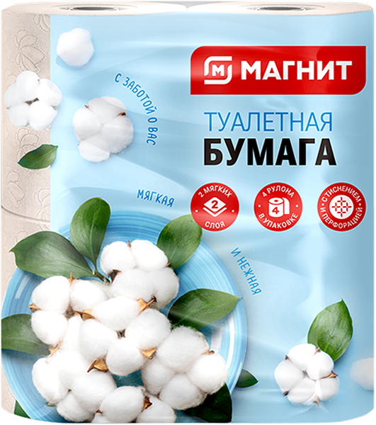 Бумага туалетная Магнит белая 2 слоя 4 рулона, дизайн в ассортименте