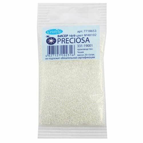 (48102) 331-19001-10/0 Бисер прозрачный с жемчужным покрытием 10/0, круг.отв., 20гр Preciosa,упак