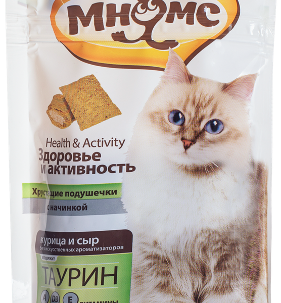 Хрустящие подушечки для кошек Здоровье и активность Мнямс с начинкой Курица и сыр