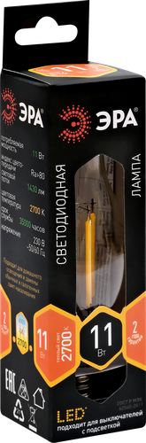 

Лампа светодиодная ЭРА F-LED B35-11W-827-E14, 11Вт, филамент, свеча, теплый белый свет