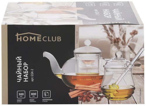 

Набор чайный HOMECLUB Family story, 3 предмета: чайник 800мл, банка для меда с ложкой Арт. GSK-2