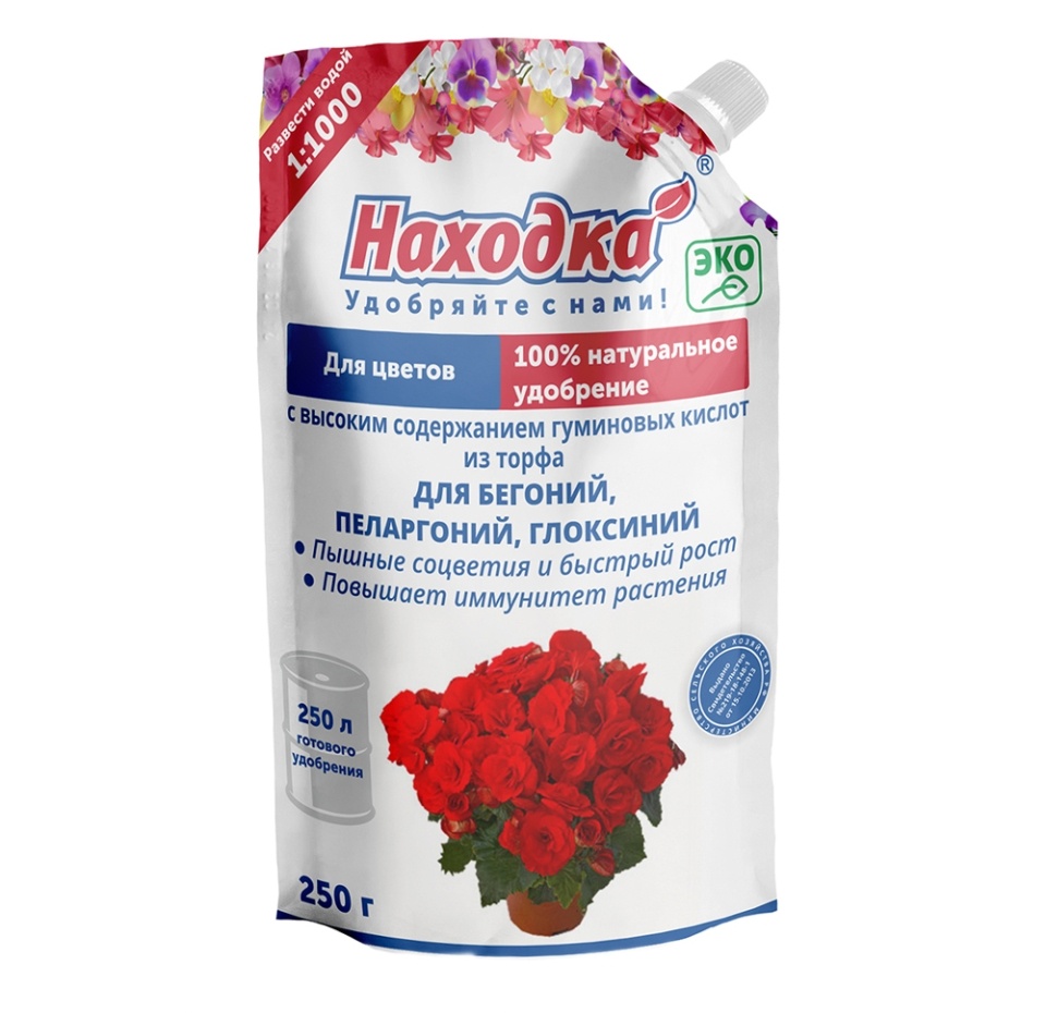 

Эко удобрение для комнатных цветов Находка из торфа на основе гуминовых кислот Концентрат на 250 литров. для бегоний, пеларгоний, глоксиний 250 г, Россия