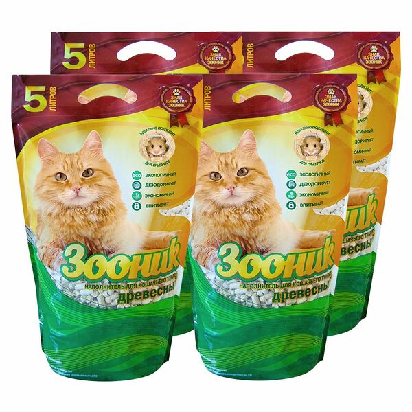 Наполнитель для кошачьего туалета ЗООНИК древесный 5 л (4 упаковки)