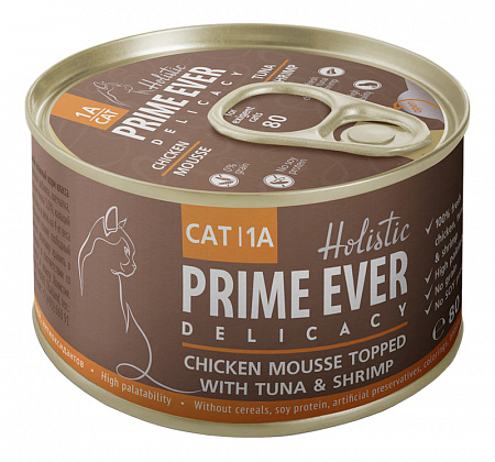 

Консервы для кошек Prime Ever 1A Delicacy Мусс цыпленок с тунцом и креветками 80 г