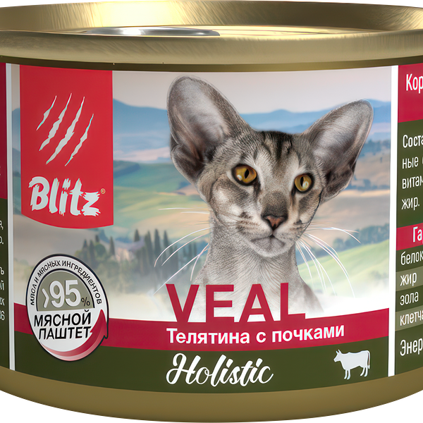 Консервы для кошек Blitz Holistic, паштет, телятина и почки, 200 г