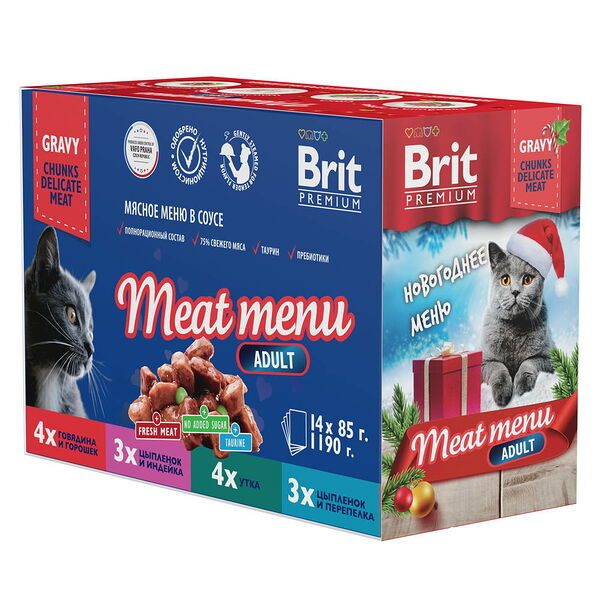 Brit Premium Meat menu набор паучей для кошек (кусочки в соусе) Ассорти, 14 х 85 г