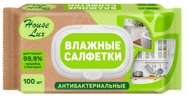 Влажные салфетки House Lux Антибактериальные универсальные с пластиковым клапаном, 100 шт
