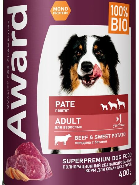 Влажный корм для собак Award паштет из говядины с бататом 400г
