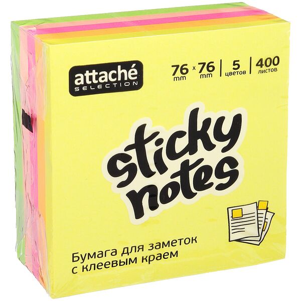 Бумага для заметок с клейким краем, стикеры клеевые, Attache Selection 76х76 мм, 400 листов