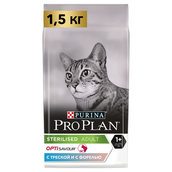 Сухой корм PRO PLAN® Sterilised Adult OptiSavour для взрослых стерилизованных кошек, с высоким содержанием трески и с форелью 1.5 кг