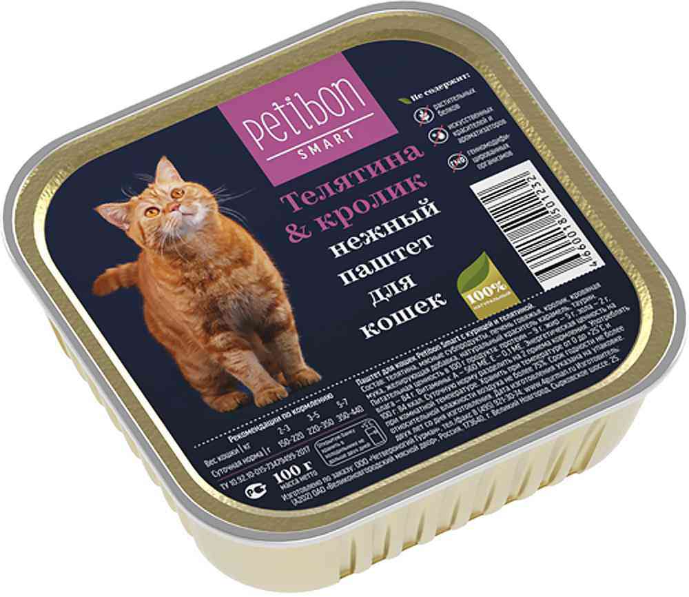 

Корм для кошек Нежный паштет Petibon Smart Телятина и кролик, 100 г