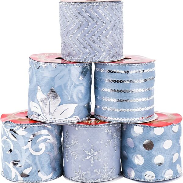 Набор новогодних лент Miland Изящный бирюзовый с серебряным принтом 6.3см*2.7м 24шт