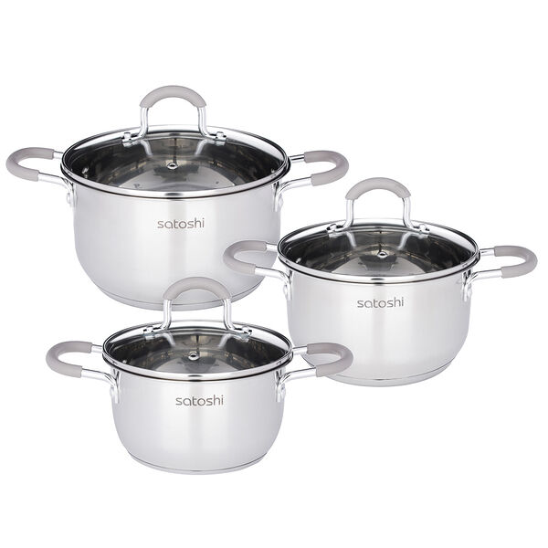 Satoshi альбер набор кастрюль 6 пр.: 1,8 л, 2,5 л, 3,5 л, бежевые силиконовые ручки, со стекл. крышкой