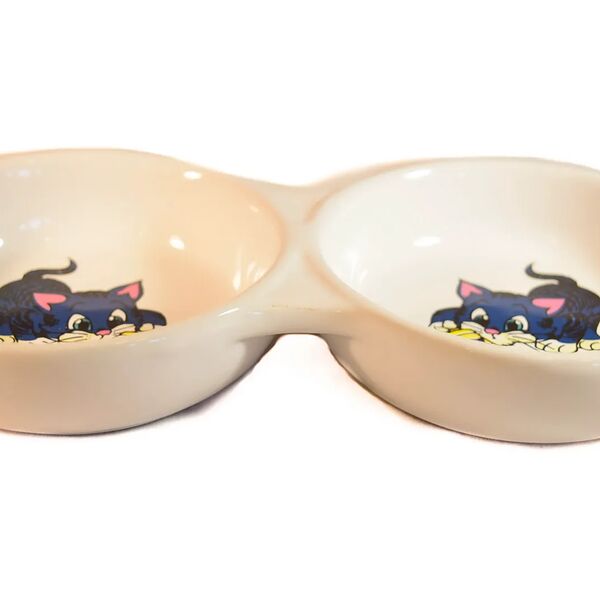 Petmax Миска для кошек двойная с рис. Кошка 2*150мл 11см керамика