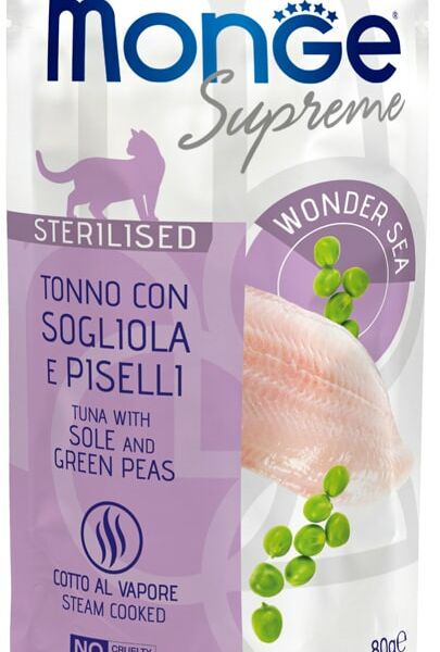Влажный корм для кошек Monge Supreme sterilized cat тунец с желтоперой камбалой и зеленым горошком 80г