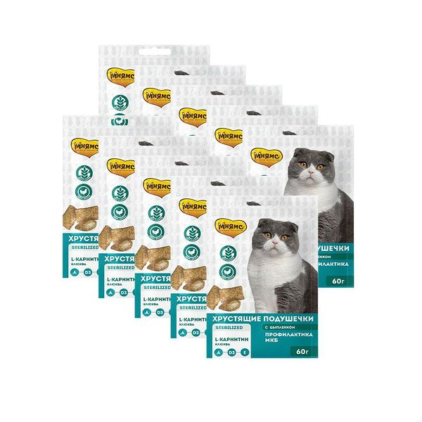Лакомство для кошек МНЯМС профилактика МКБ для стерилиз., хрустящие подушечки с цыпленком и клюквой 60г (упаковка - 10 шт)