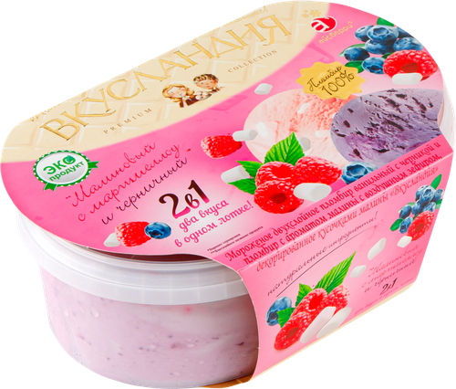 

Мороженое пломбир Вкусландия Малиновый с маршмеллоу и черничный 12% 450 г