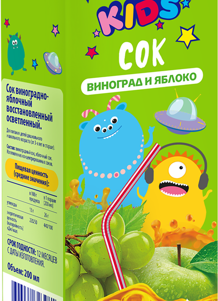 Сок ЛЕНТА Kids Виноградно-яблочный восстановленный осветленный, 0.2л