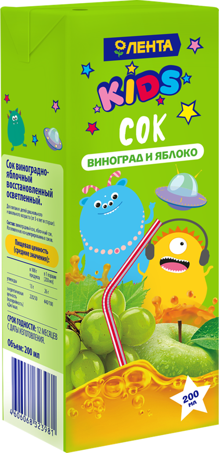 

Сок Лента Kids Виноградно-яблочный восстановленный осветленный, 200 мл