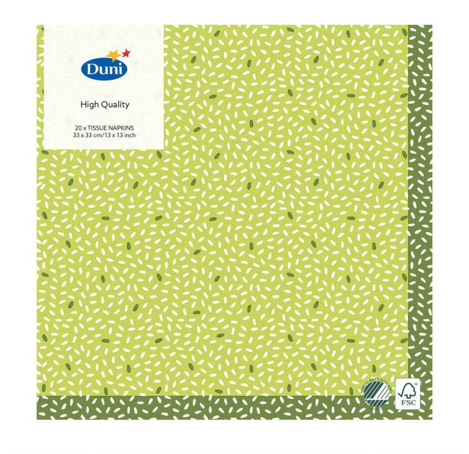 

Салфетки бумажные Duni Rice Green 33х33 см, 3 слоя, 20 шт.