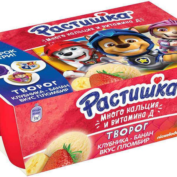 Творог Растишка клубника, банан, пломбир, с 3 лет, 3.5%,6 x 45г