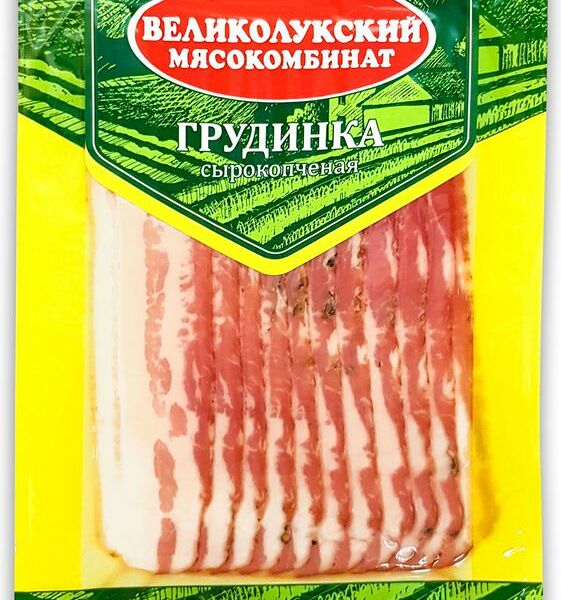Грудинка свиная Великолукский МК сырокопченая категория Б нарезка охлажденная 150г