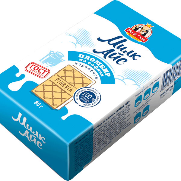 Мороженое Pin&Vin Милк Айс пломбир на вафлях брикет