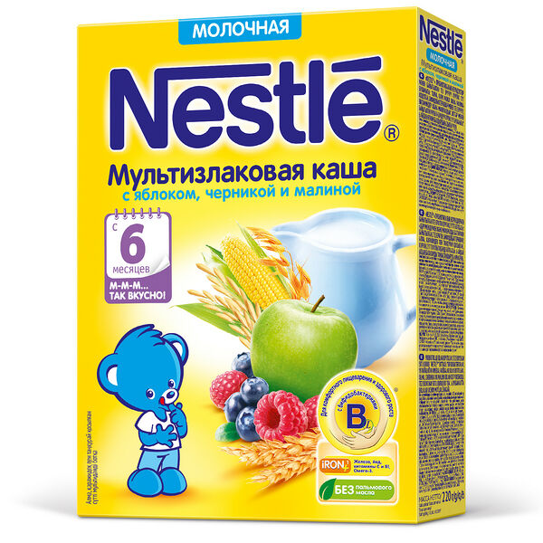 Каша детская Nestle молочная мультизлаковая с яблоком, черникой и малиной, с 6 месяцев