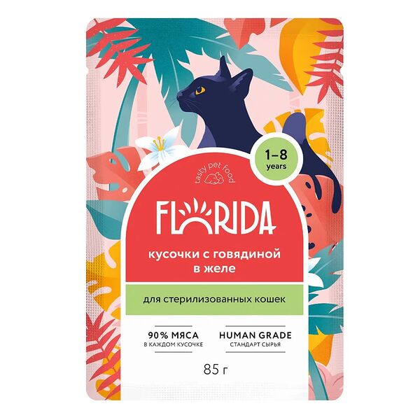Влажный корм FLORIDA кусочки с говядиной в желе 85 г