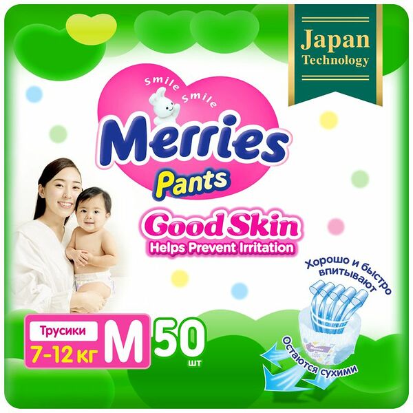 Трусики Merries Good Skin для детей 7-12кг р.M, 50шт