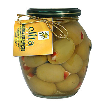 Оливки Elita зеленые фаршированные красным перцем и миндалем