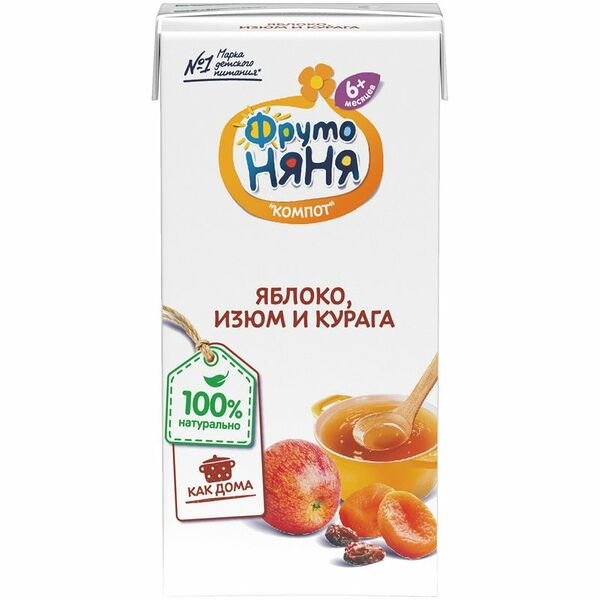 Компот ФрутоНяня яблоко-изюм-курага сокосодержащий неосветлённый, 200мл