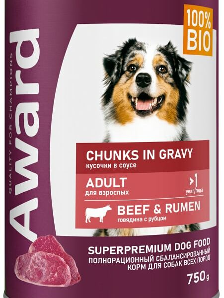 Влажный корм для собак Award кусочки с говядиной и рубцом в соусе 750г