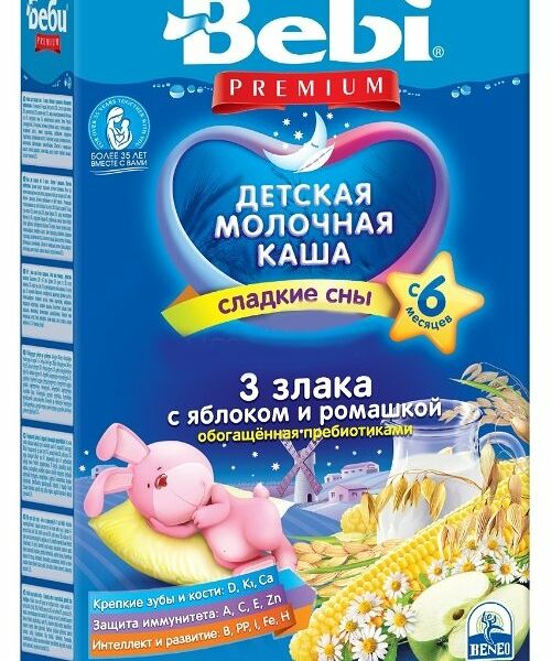 Каша детская Bebi молочная 3 злака с ромашкой и яблоком, с 6 месяцев, 200 г