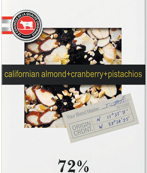 Шоколад горький Bucheron с миндалём, клюквой и фисташками 72 % какао, 100г