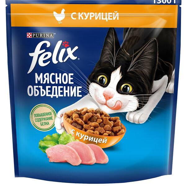 Сухой корм Felix Мясное объедение для взрослых кошек с курицей, 1.3 кг