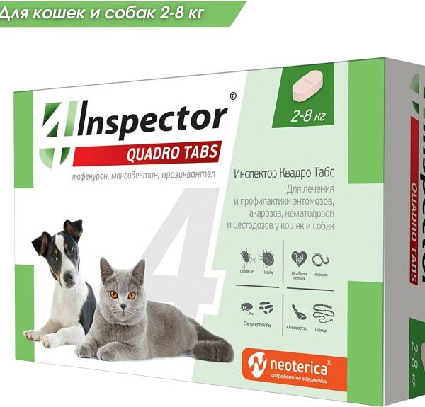 Таблетки Neoterica Inspector Quadro для кошек и собак 2-8кг