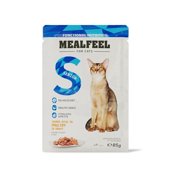 консервированный корм Mealfeel для кошек старше 7 лет кусочки с домашней птицей в соусе