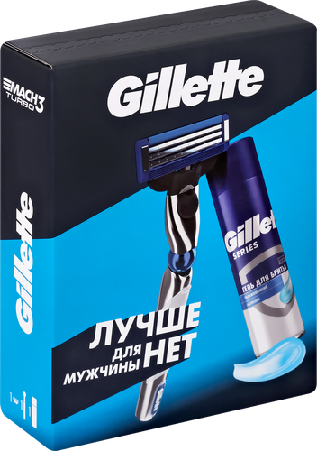

Набор подарочный мужской GILLETTE Mach3 Turbo Бритва, 1 сменная кассета + Гель для бритья, 200 мл