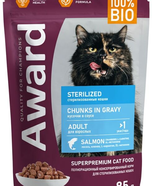 Влажный корм для кошек Award Sterilized для стерилизованных кусочки в соусе с лососем 85г