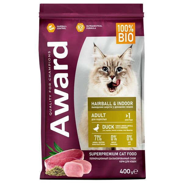 Сухой корм AWARD Hairball & Indoor для взрослых кошек для выведения шерсти с уткой и индейкой,зеленой чечевицей, 400 г