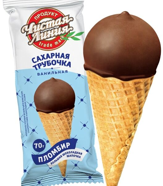 Мороженое Чистая Линия Пломбир Ванильный в шоколадной глазури в сахарном рожке 12% 70г